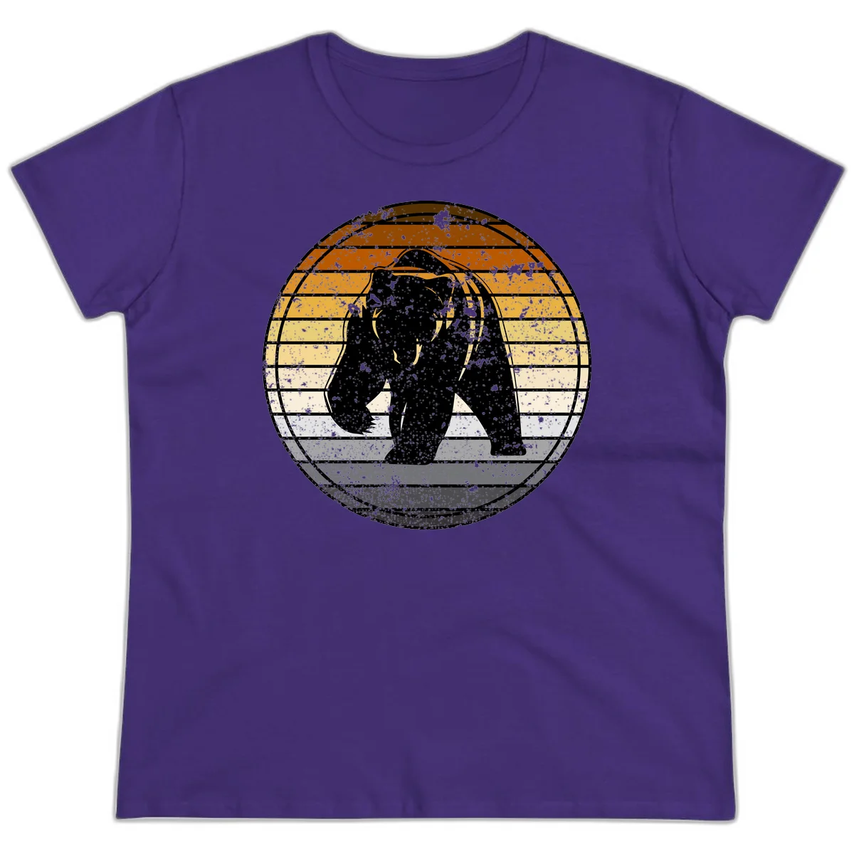 Retro bear sunset design with horizontal gradient stripes in orange, yellow, and cream tones on distressed background in Purple