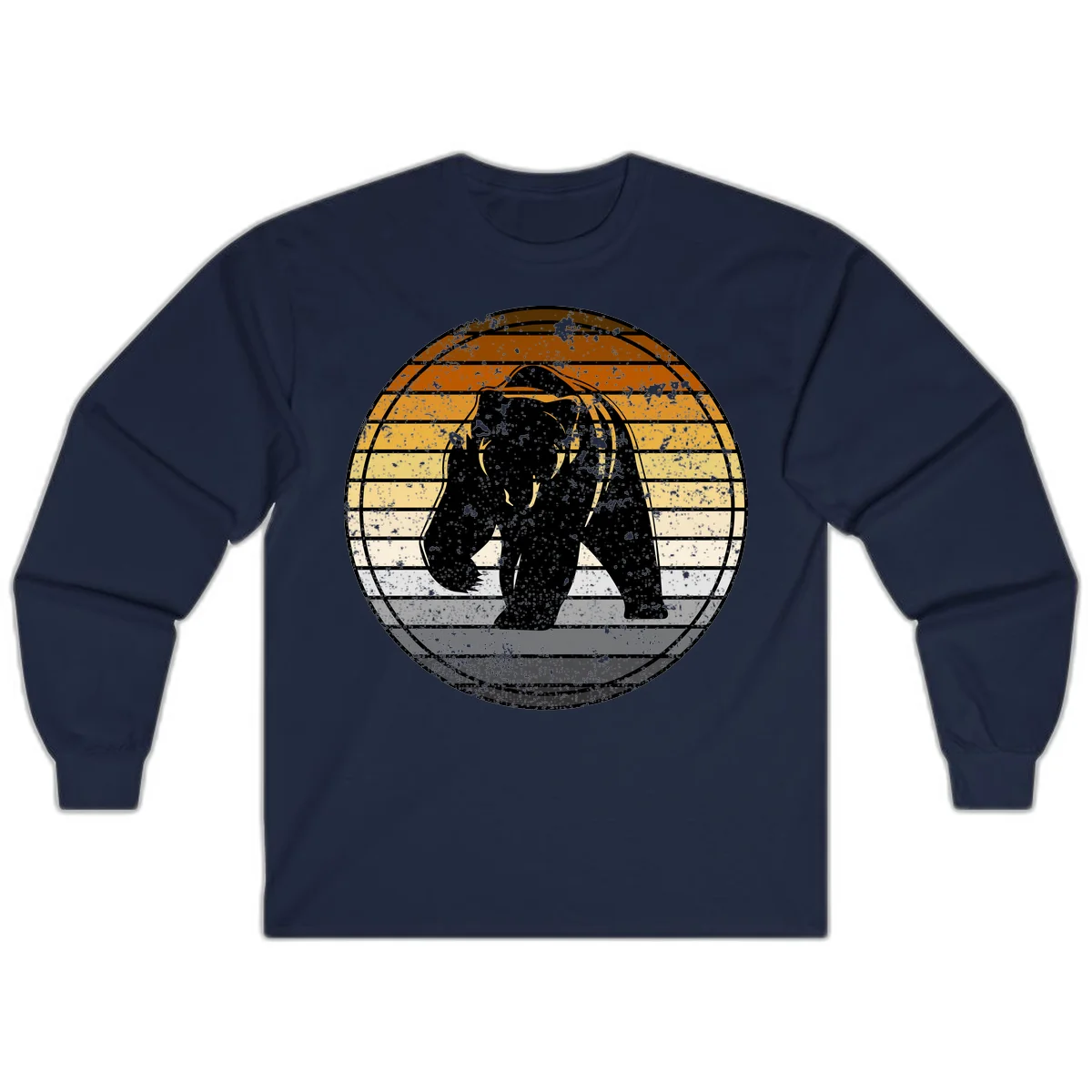 Retro bear sunset design with horizontal gradient stripes in orange, yellow, and cream tones on distressed background in Navy