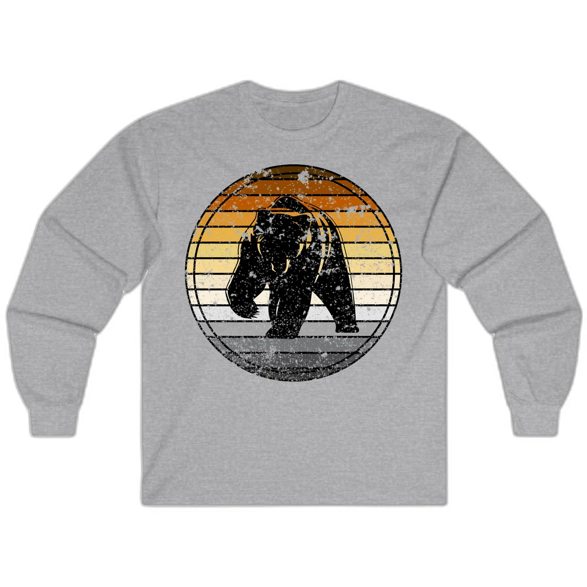 Retro bear sunset design with horizontal gradient stripes in orange, yellow, and cream tones on distressed background in Sport Grey