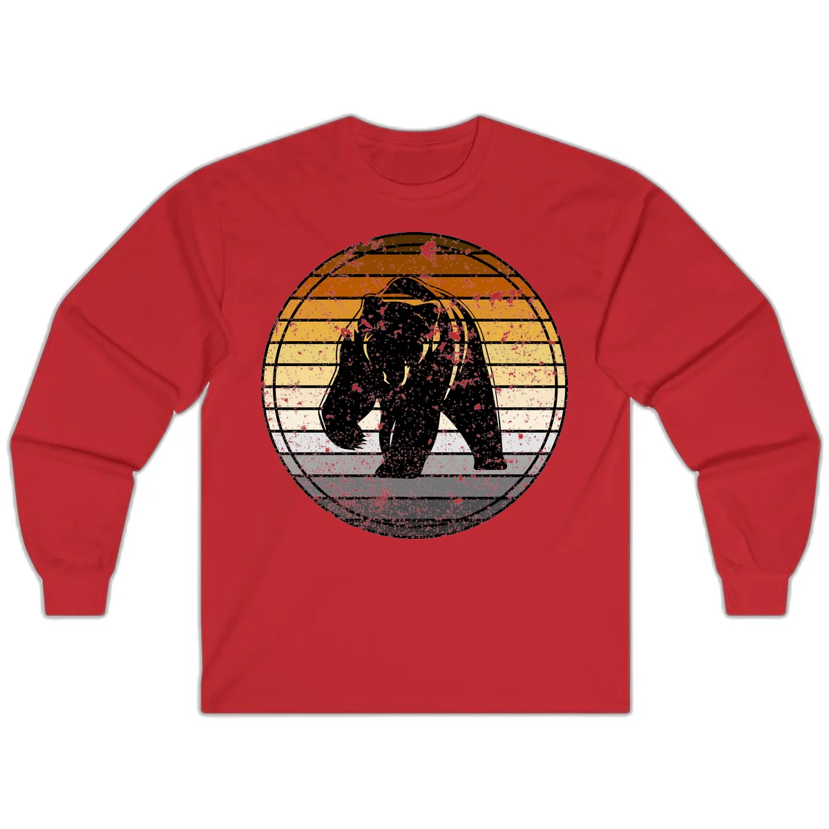 Retro bear sunset design with horizontal gradient stripes in orange, yellow, and cream tones on distressed background in Red