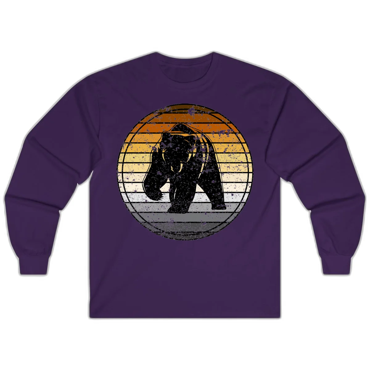 Retro bear sunset design with horizontal gradient stripes in orange, yellow, and cream tones on distressed background in Purple