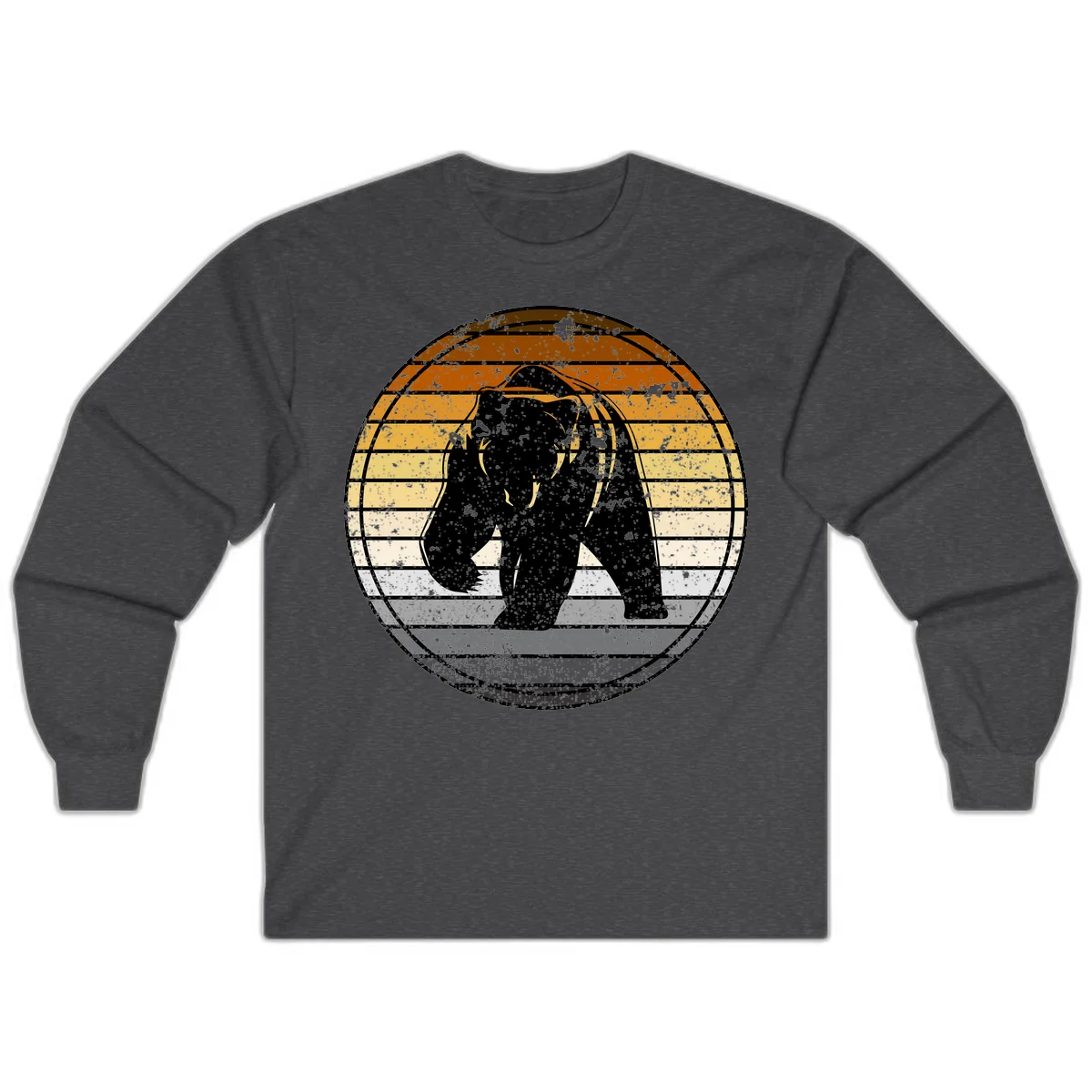 Retro bear sunset design with horizontal gradient stripes in orange, yellow, and cream tones on distressed background in Dark Heather