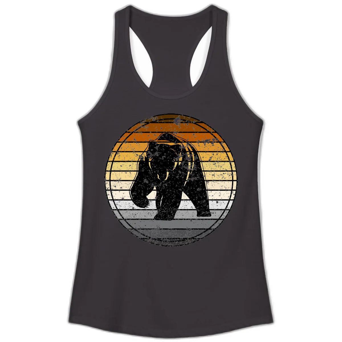 Retro bear sunset design with horizontal gradient stripes in orange, yellow, and cream tones on distressed background in Black