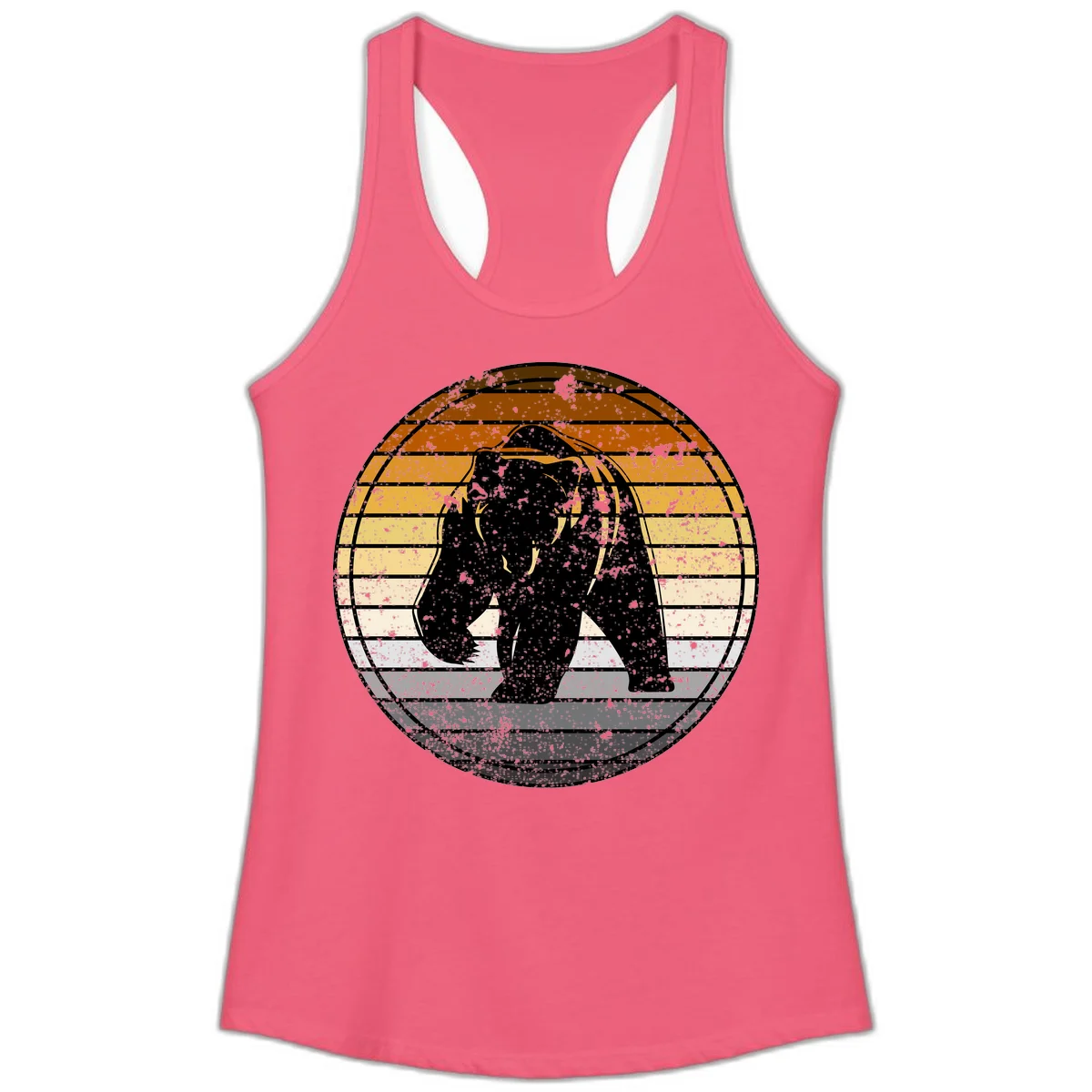 Retro bear sunset design with horizontal gradient stripes in orange, yellow, and cream tones on distressed background in Hot Pink