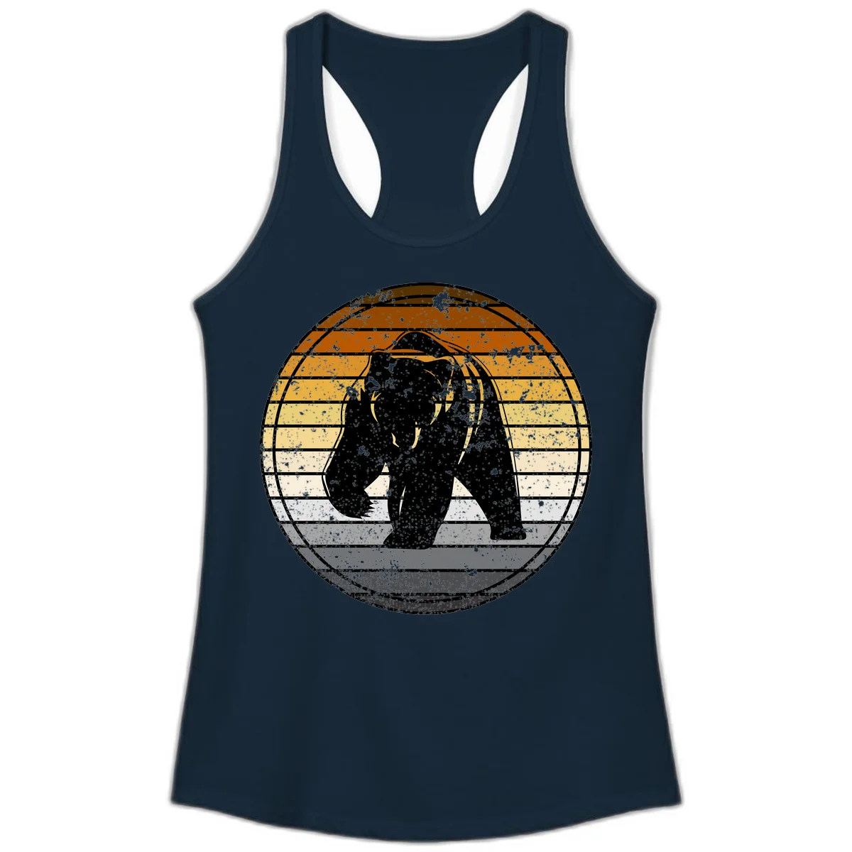 Retro bear sunset design with horizontal gradient stripes in orange, yellow, and cream tones on distressed background in Solid Midnight Navy