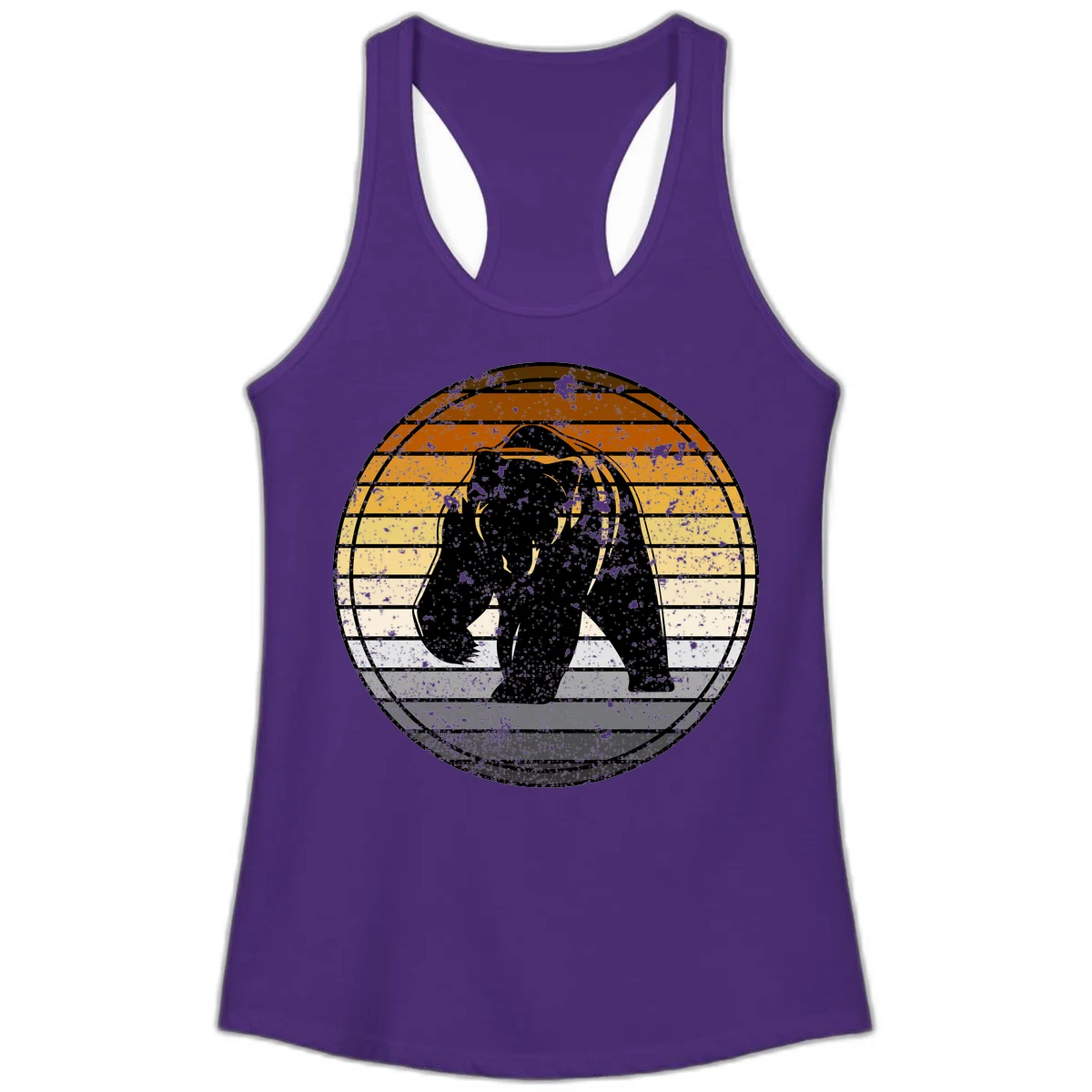Retro bear sunset design with horizontal gradient stripes in orange, yellow, and cream tones on distressed background in Solid Purple Rush