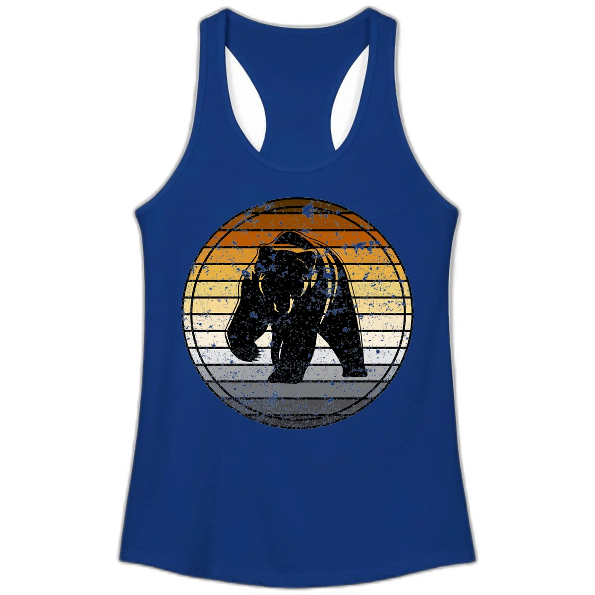 Retro bear sunset design with horizontal gradient stripes in orange, yellow, and cream tones on distressed background in Solid Royal