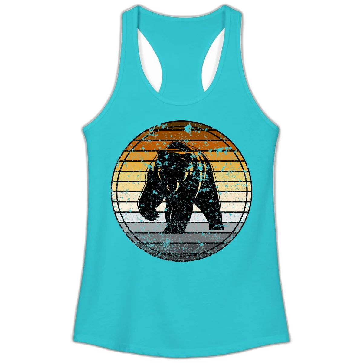 Retro bear sunset design with horizontal gradient stripes in orange, yellow, and cream tones on distressed background in Solid Tahiti Blue