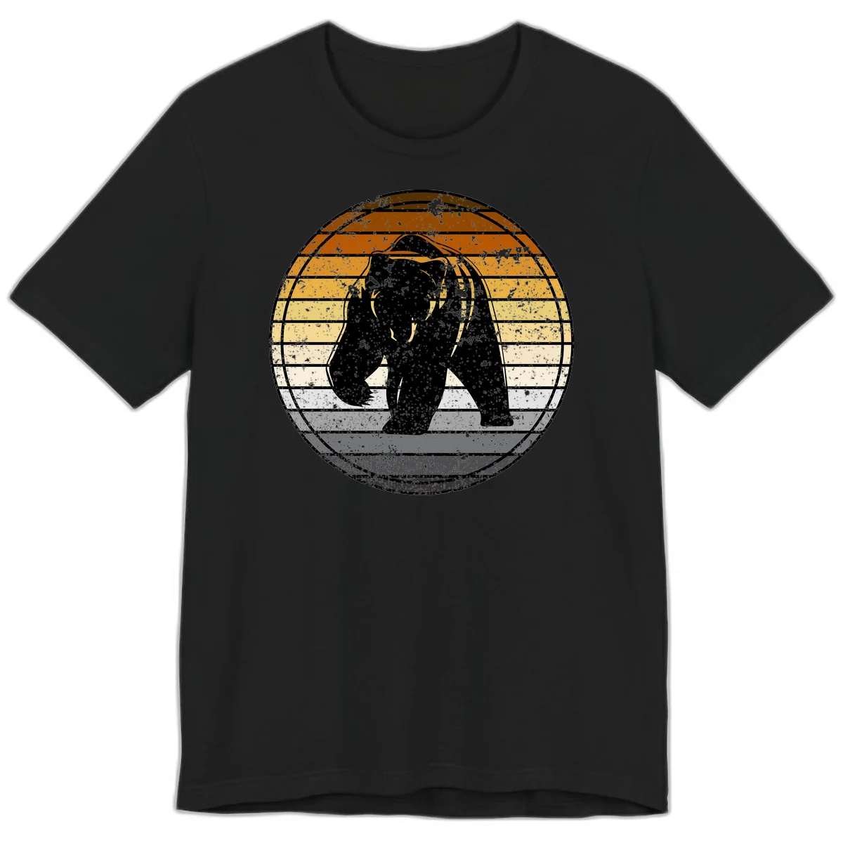 Retro bear sunset design with horizontal gradient stripes in orange, yellow, and cream tones on distressed background in Black