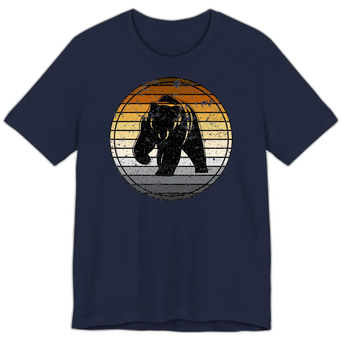 Retro bear sunset design with horizontal gradient stripes in orange, yellow, and cream tones on distressed background in Navy