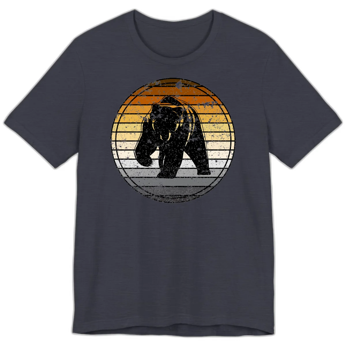 Retro bear sunset design with horizontal gradient stripes in orange, yellow, and cream tones on distressed background in Heather Midnight Navy