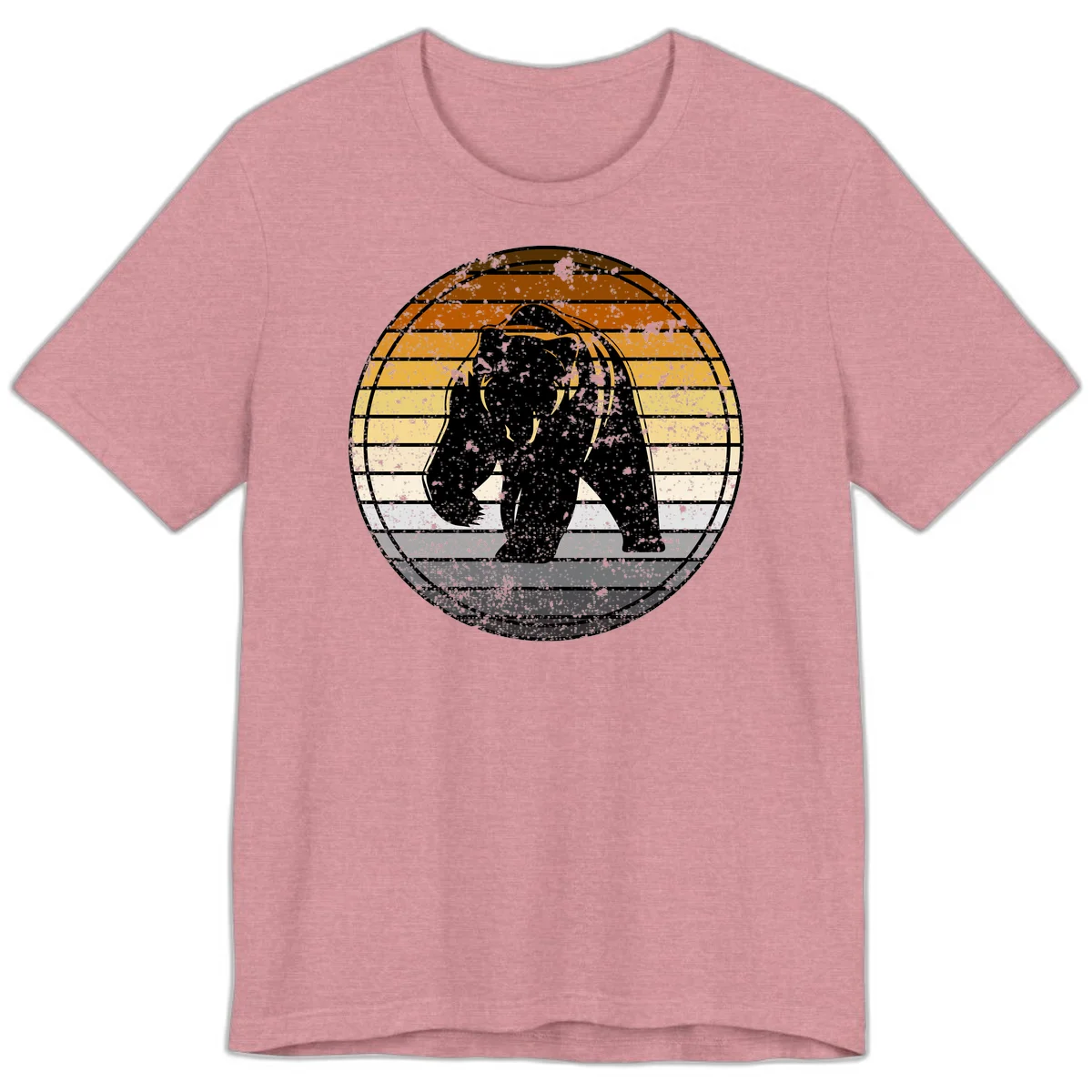 Retro bear sunset design with horizontal gradient stripes in orange, yellow, and cream tones on distressed background in Heather Orchid