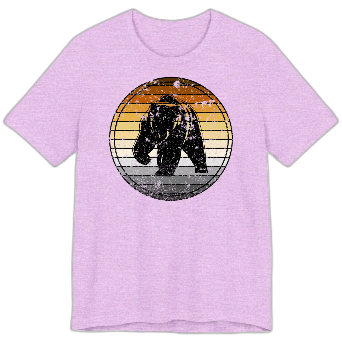 Retro bear sunset design with horizontal gradient stripes in orange, yellow, and cream tones on distressed background in Heather Prism Lilac