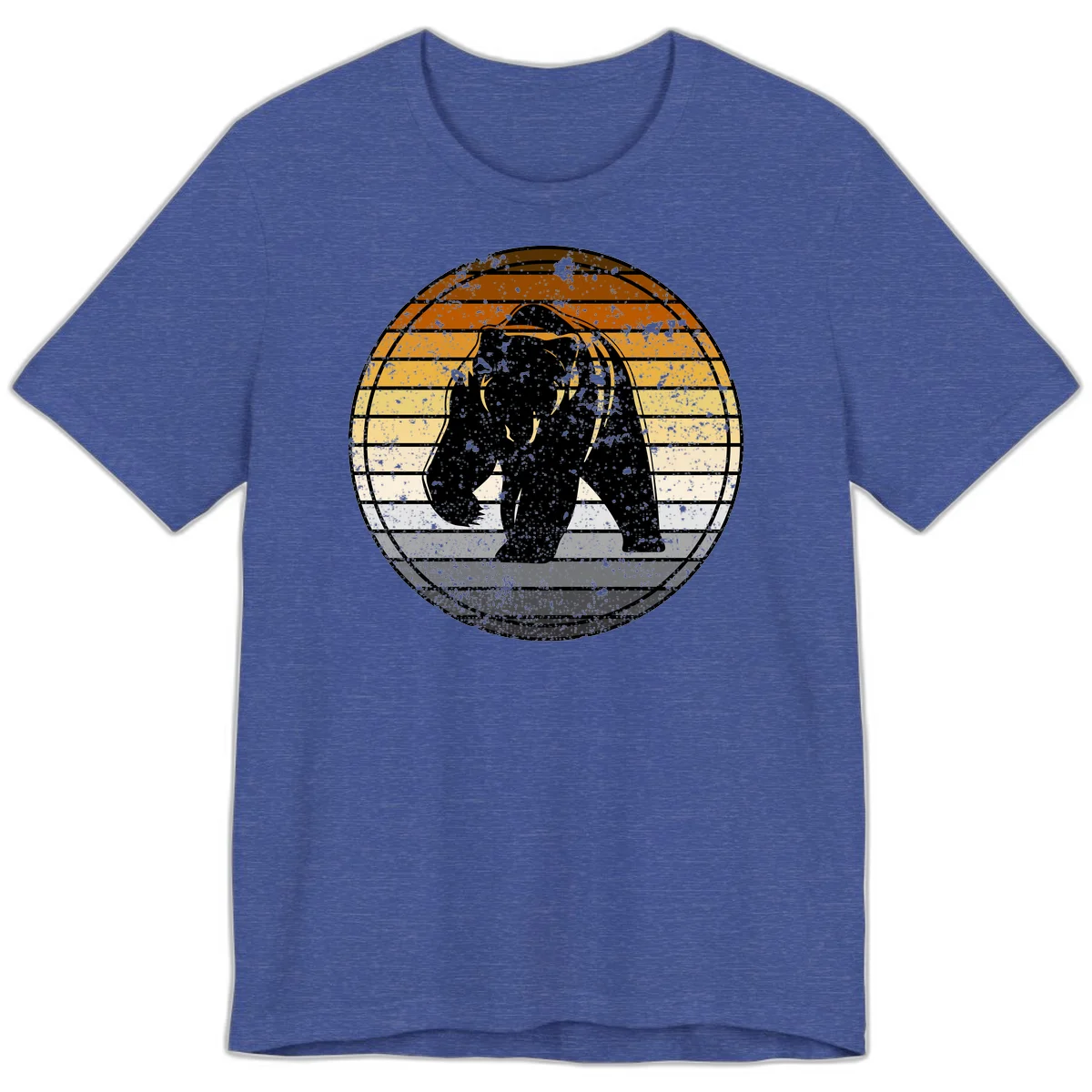 Retro bear sunset design with horizontal gradient stripes in orange, yellow, and cream tones on distressed background in Heather True Royal