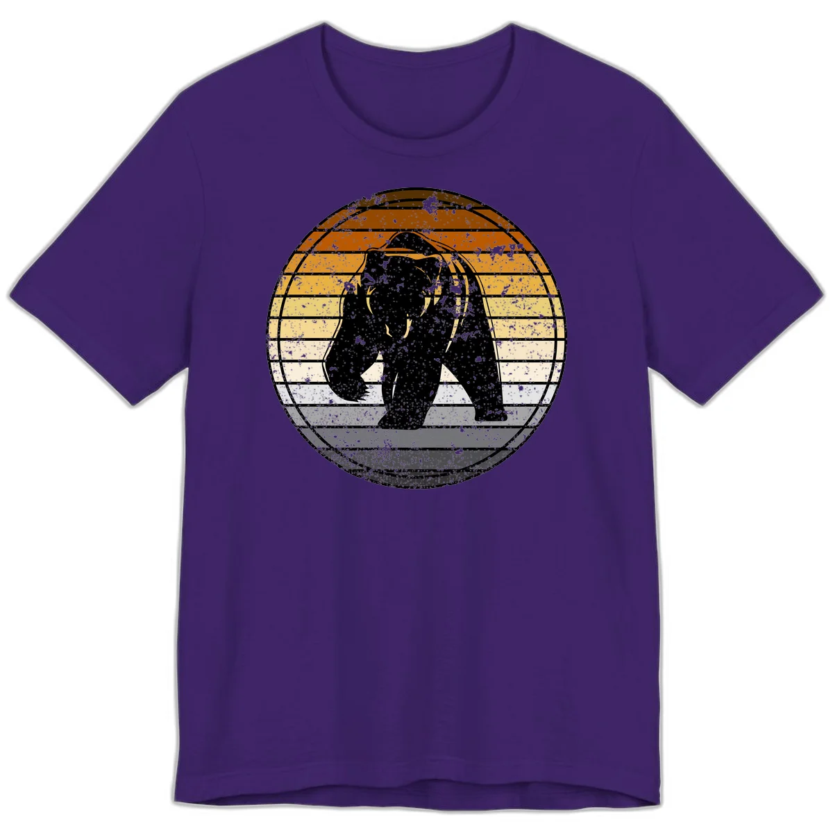 Retro bear sunset design with horizontal gradient stripes in orange, yellow, and cream tones on distressed background in Team Purple
