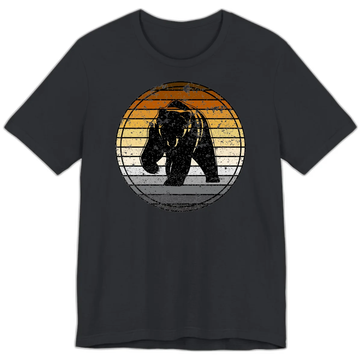Retro bear sunset design with horizontal gradient stripes in orange, yellow, and cream tones on distressed background in Vintage Black