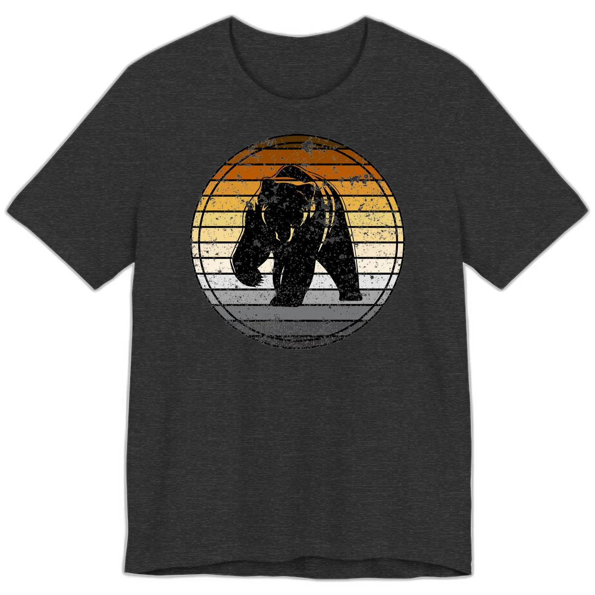 Retro bear sunset design with horizontal gradient stripes in orange, yellow, and cream tones on distressed background in Dark Grey Heather