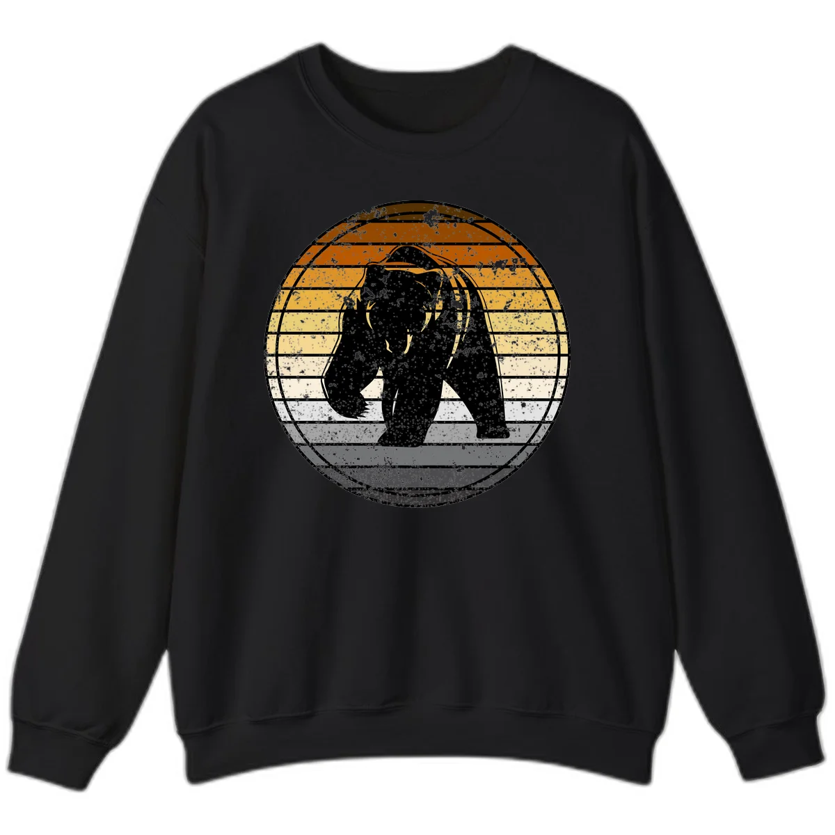 Retro bear sunset design with horizontal gradient stripes in orange, yellow, and cream tones on distressed background in Black