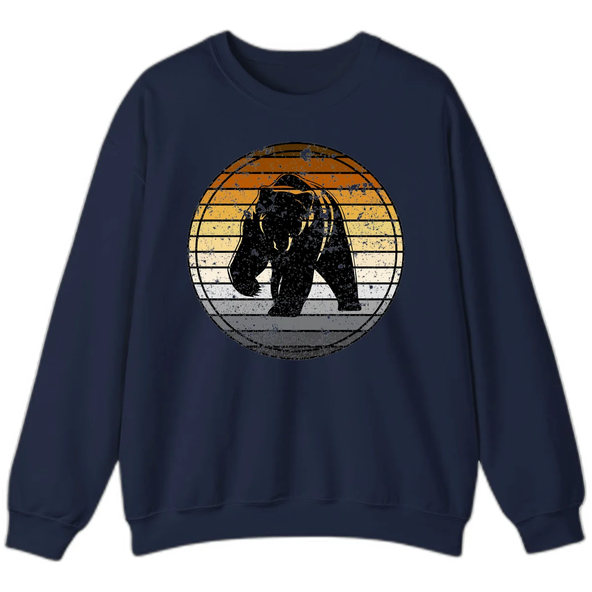 Retro bear sunset design with horizontal gradient stripes in orange, yellow, and cream tones on distressed background in Navy