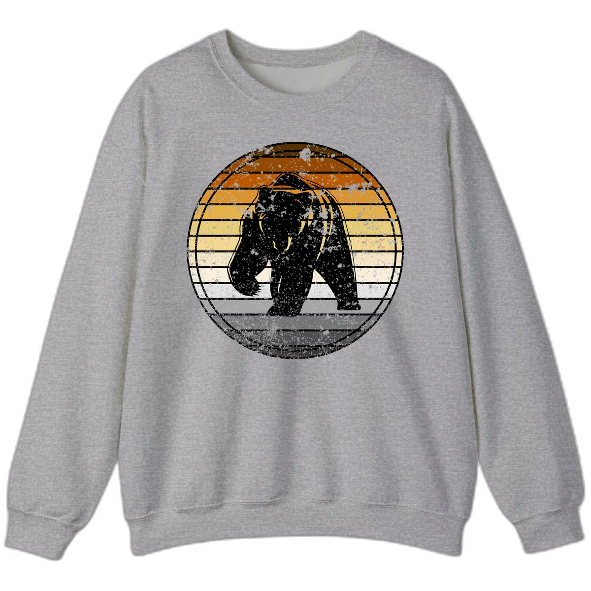 Retro bear sunset design with horizontal gradient stripes in orange, yellow, and cream tones on distressed background in Sport Grey