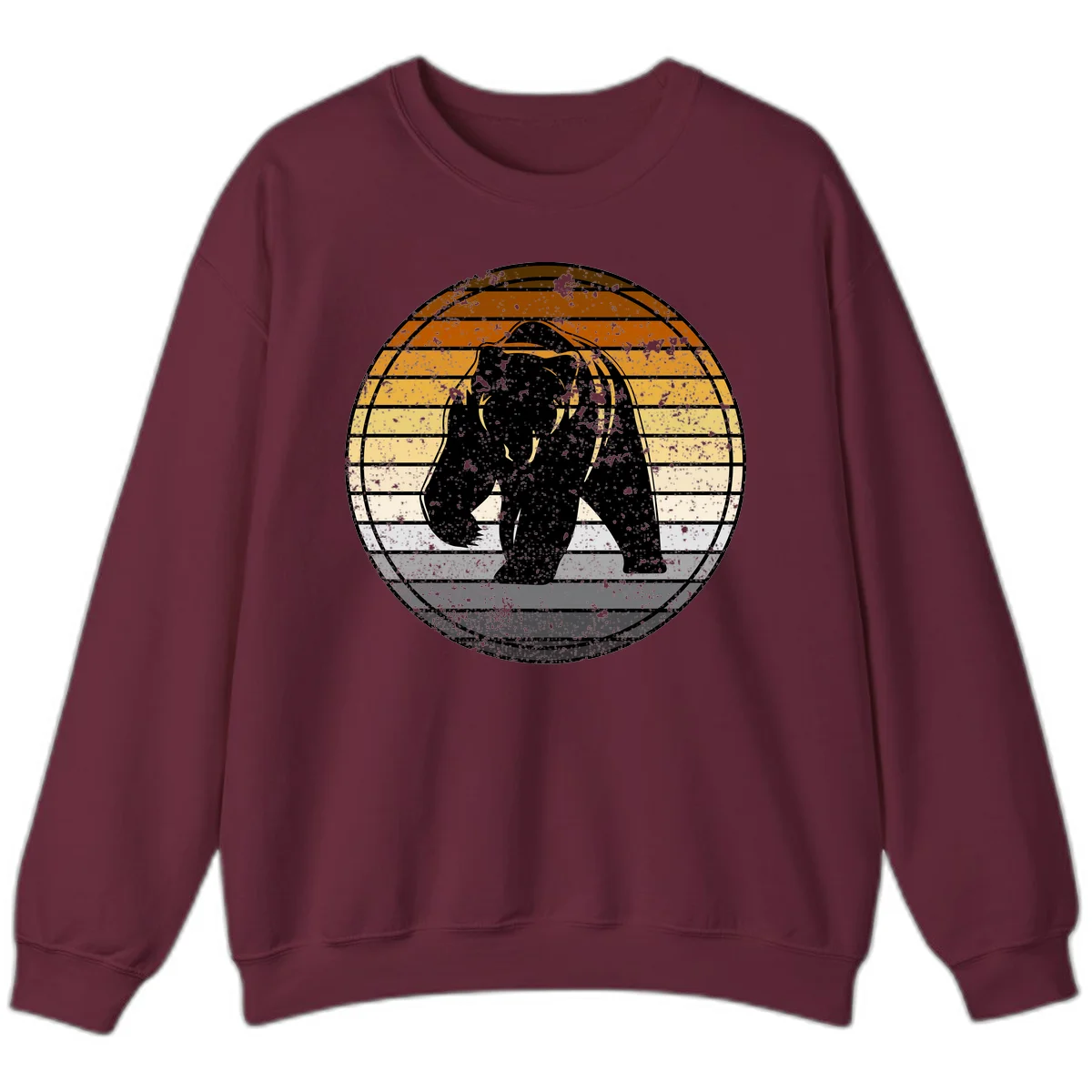 Retro bear sunset design with horizontal gradient stripes in orange, yellow, and cream tones on distressed background in Maroon