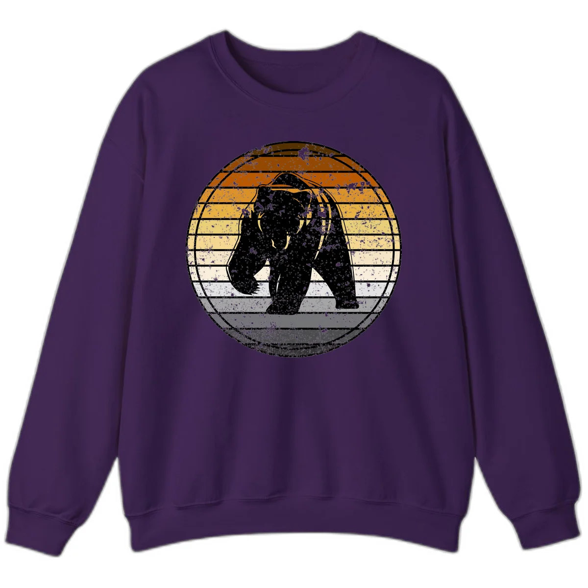 Retro bear sunset design with horizontal gradient stripes in orange, yellow, and cream tones on distressed background in Purple