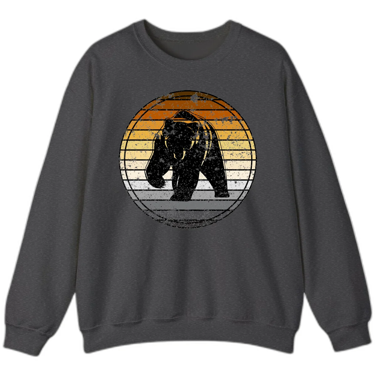 Retro bear sunset design with horizontal gradient stripes in orange, yellow, and cream tones on distressed background in Dark Heather