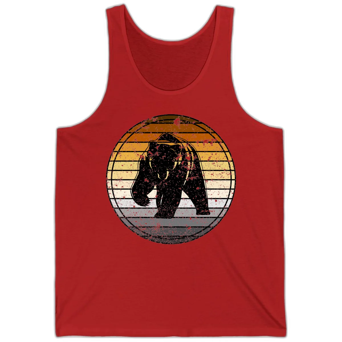 Retro bear sunset design with horizontal gradient stripes in orange, yellow, and cream tones on distressed background in Red