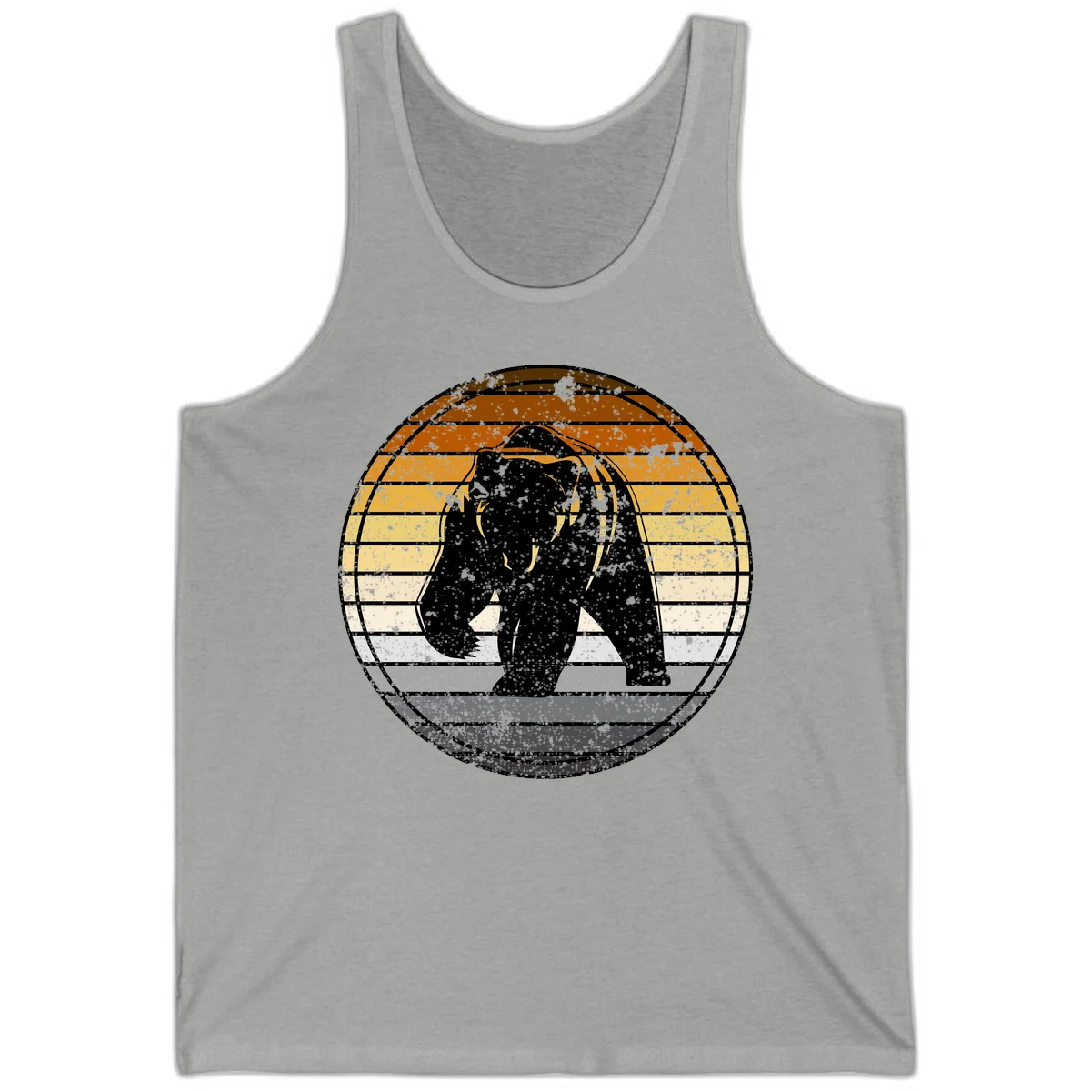 Retro bear sunset design with horizontal gradient stripes in orange, yellow, and cream tones on distressed background in Athletic Heather