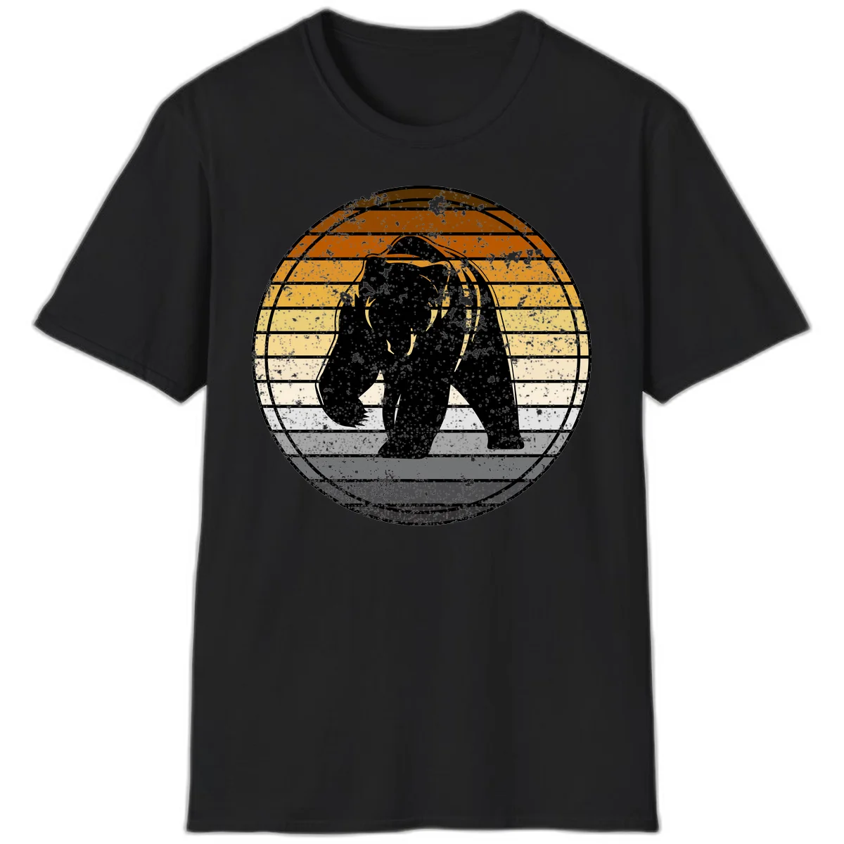 Retro bear sunset design with horizontal gradient stripes in orange, yellow, and cream tones on distressed background in Black