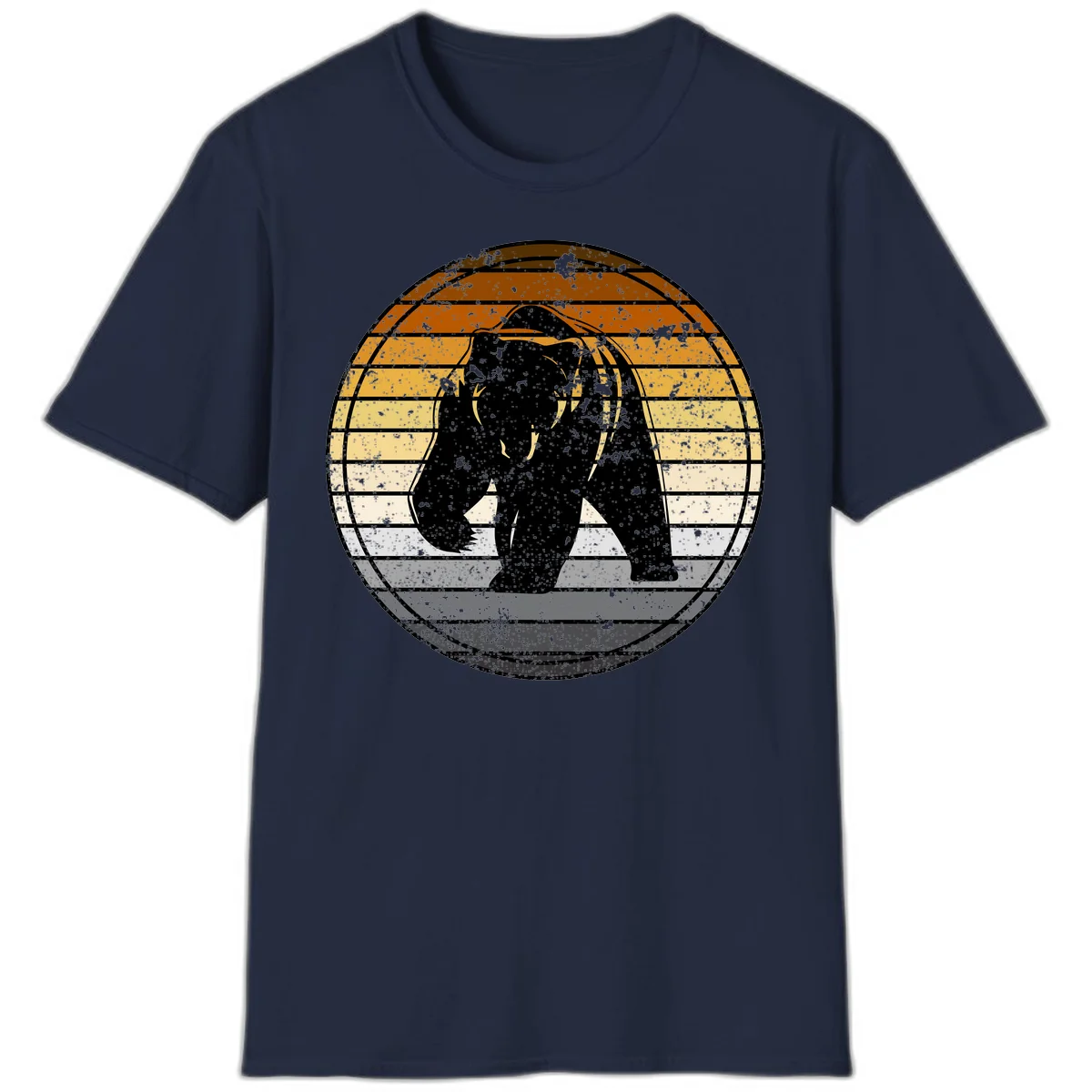 Retro bear sunset design with horizontal gradient stripes in orange, yellow, and cream tones on distressed background in Navy