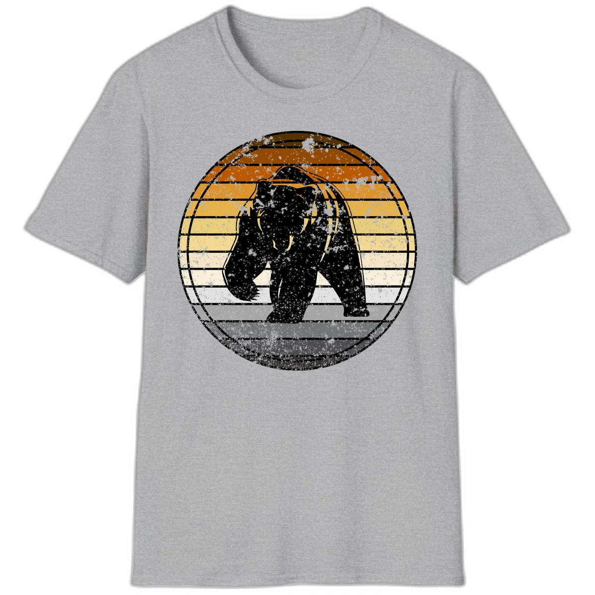 Retro bear sunset design with horizontal gradient stripes in orange, yellow, and cream tones on distressed background in Sport Grey
