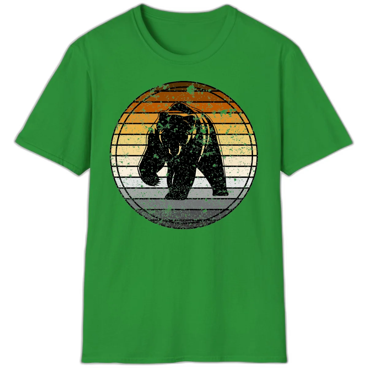 Retro bear sunset design with horizontal gradient stripes in orange, yellow, and cream tones on distressed background in Irish Green