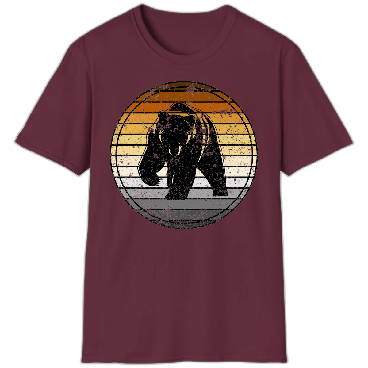Retro bear sunset design with horizontal gradient stripes in orange, yellow, and cream tones on distressed background in Maroon