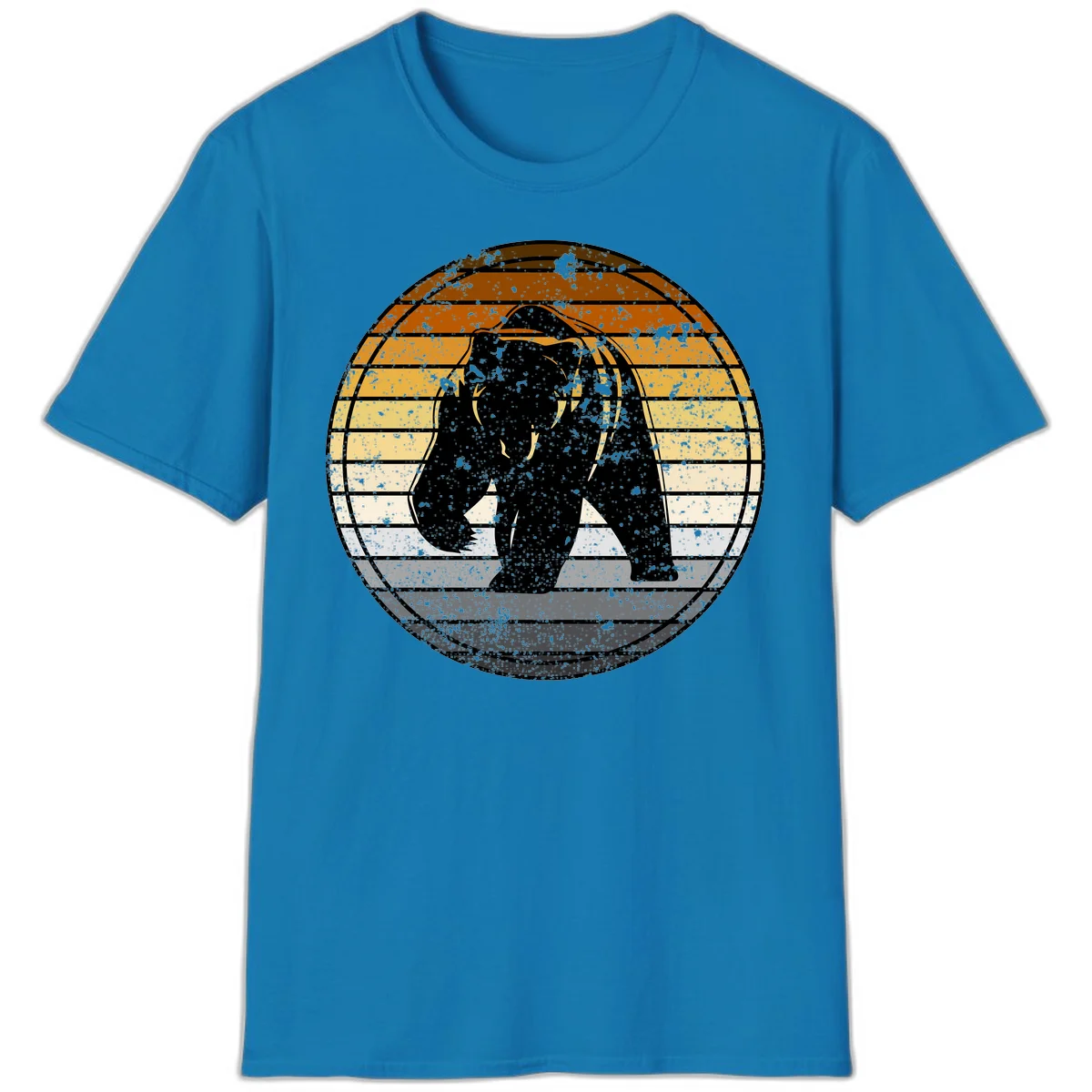 Retro bear sunset design with horizontal gradient stripes in orange, yellow, and cream tones on distressed background in Sapphire