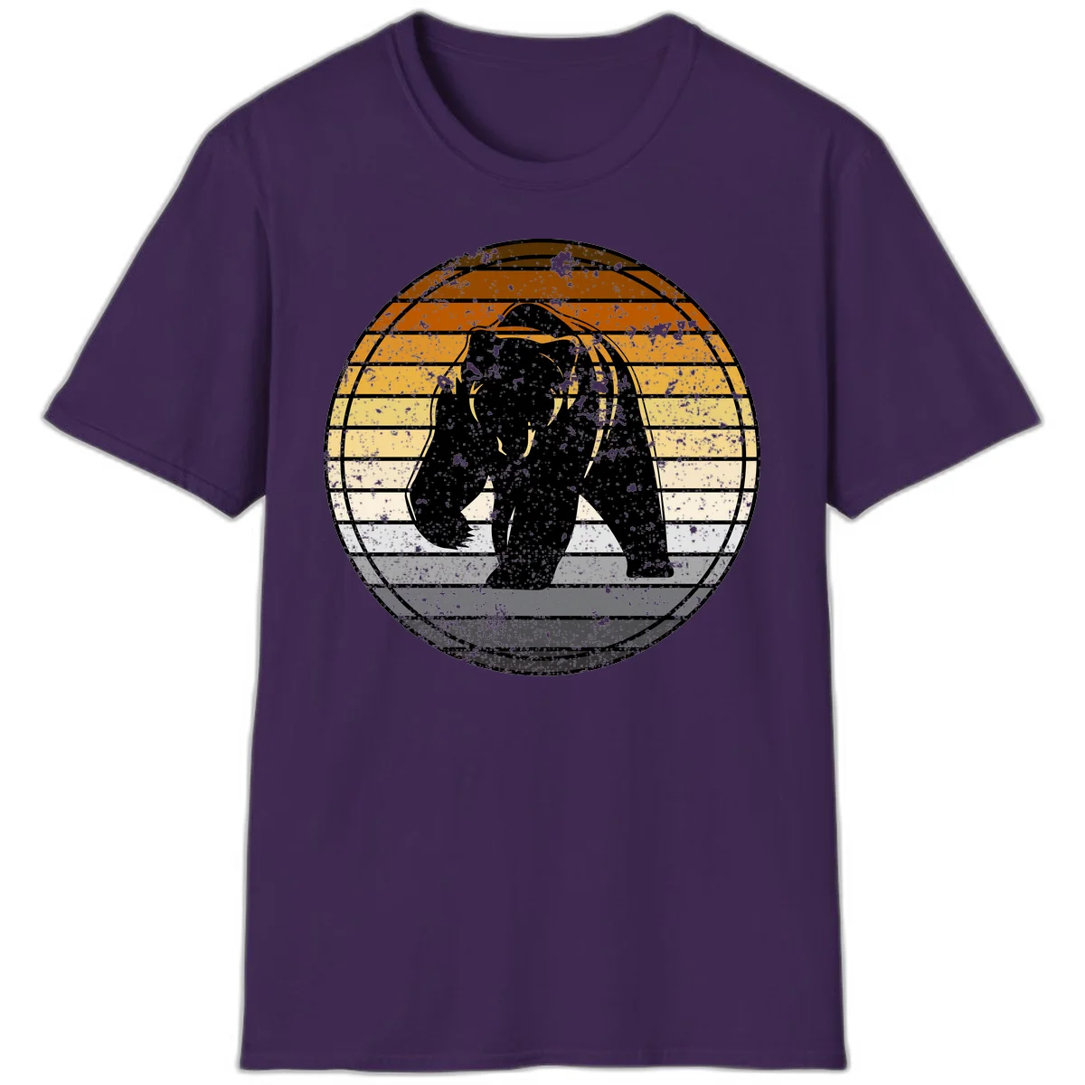 Retro bear sunset design with horizontal gradient stripes in orange, yellow, and cream tones on distressed background in Purple