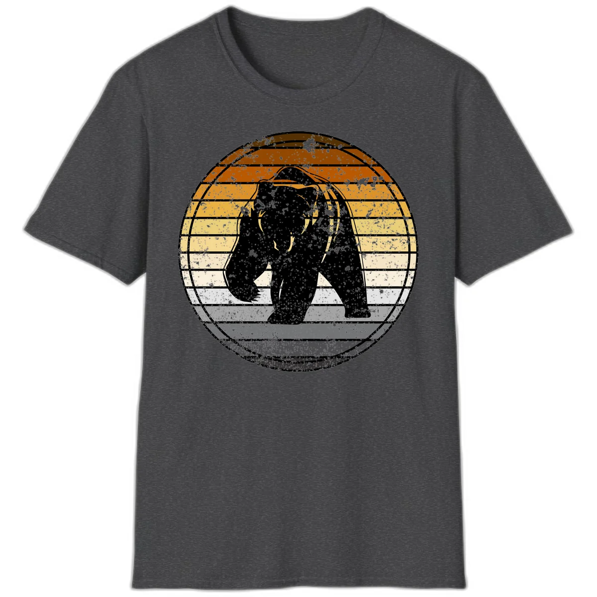 Retro bear sunset design with horizontal gradient stripes in orange, yellow, and cream tones on distressed background in Dark Heather