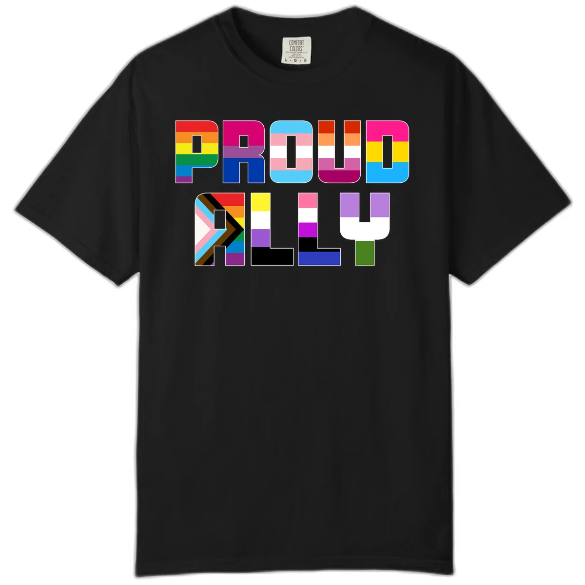 Colorful alphabet letters constructed from pride flags including rainbow, trans, and intersex designs on gray background in Black