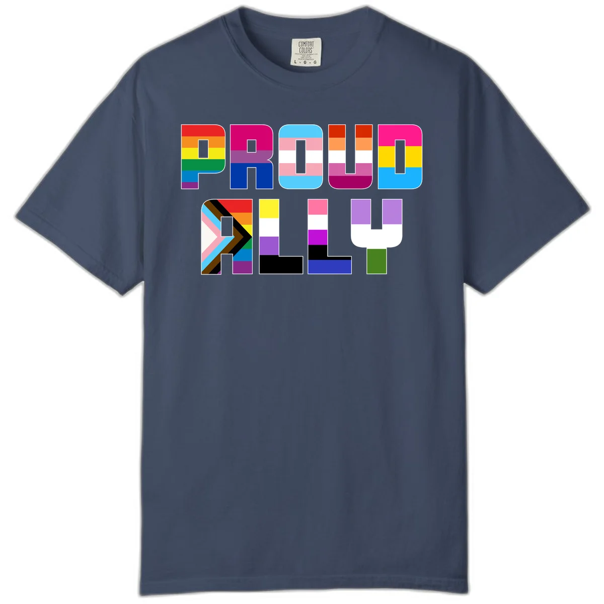 Colorful alphabet letters constructed from pride flags including rainbow, trans, and intersex designs on gray background in Midnight