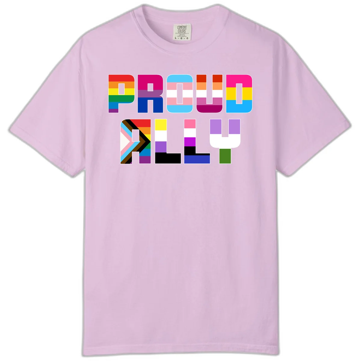 Colorful alphabet letters constructed from pride flags including rainbow, trans, and intersex designs on gray background in Orchid