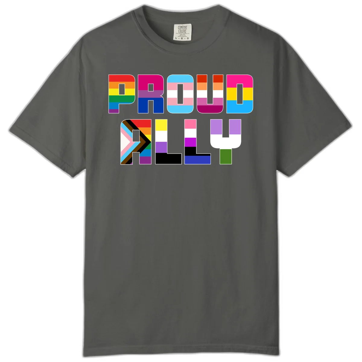 Colorful alphabet letters constructed from pride flags including rainbow, trans, and intersex designs on gray background in Pepper