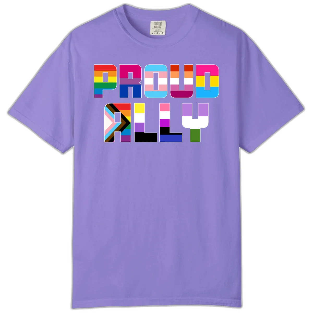 Colorful alphabet letters constructed from pride flags including rainbow, trans, and intersex designs on gray background in Violet