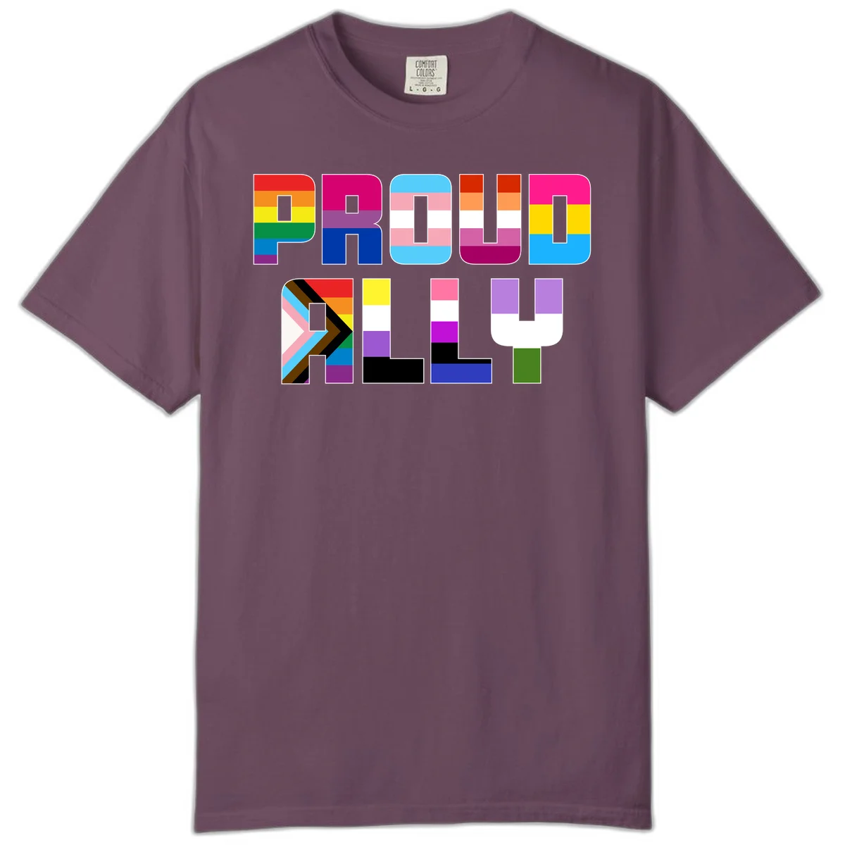 Colorful alphabet letters constructed from pride flags including rainbow, trans, and intersex designs on gray background in Berry