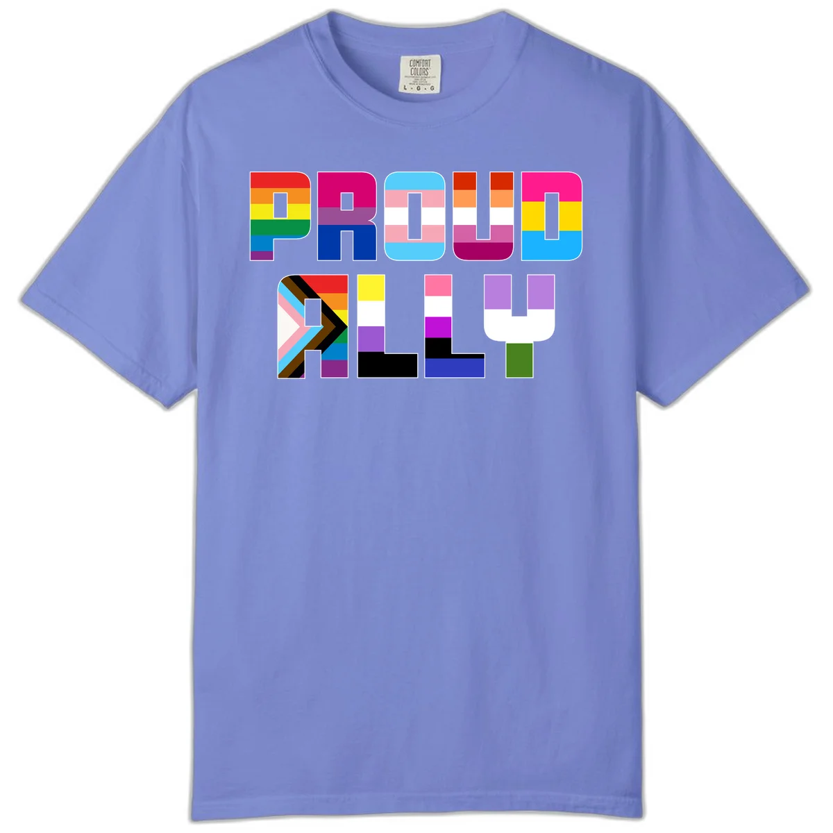 Colorful alphabet letters constructed from pride flags including rainbow, trans, and intersex designs on gray background in Flo Blue