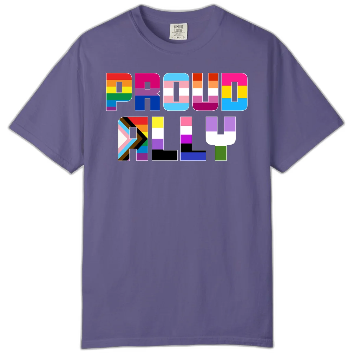 Colorful alphabet letters constructed from pride flags including rainbow, trans, and intersex designs on gray background in Grape