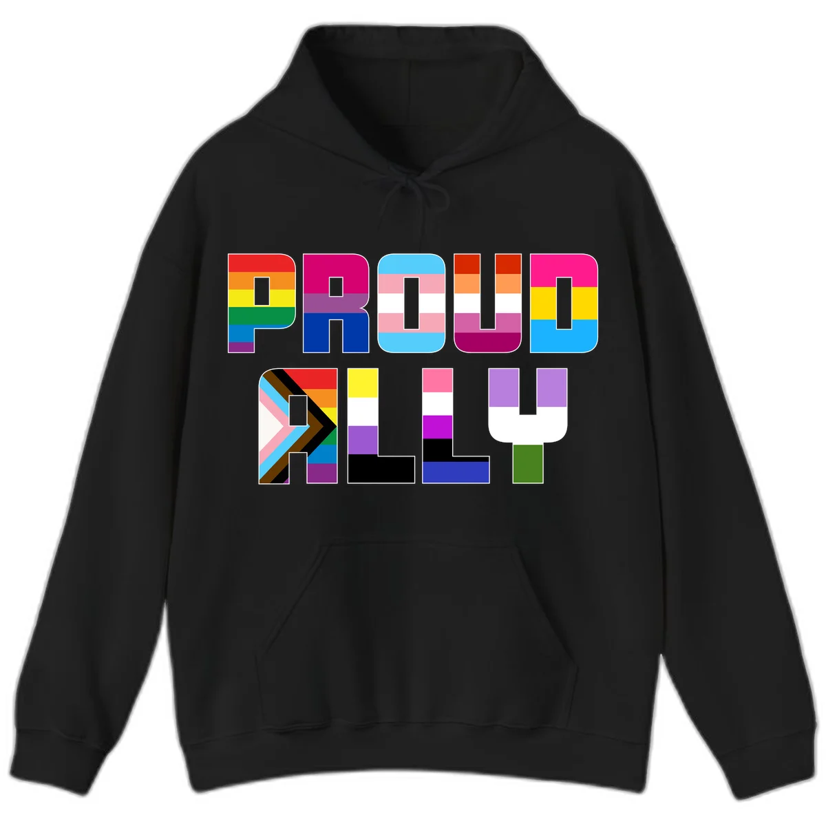 Colorful alphabet letters constructed from pride flags including rainbow, trans, and intersex designs on gray background in Black