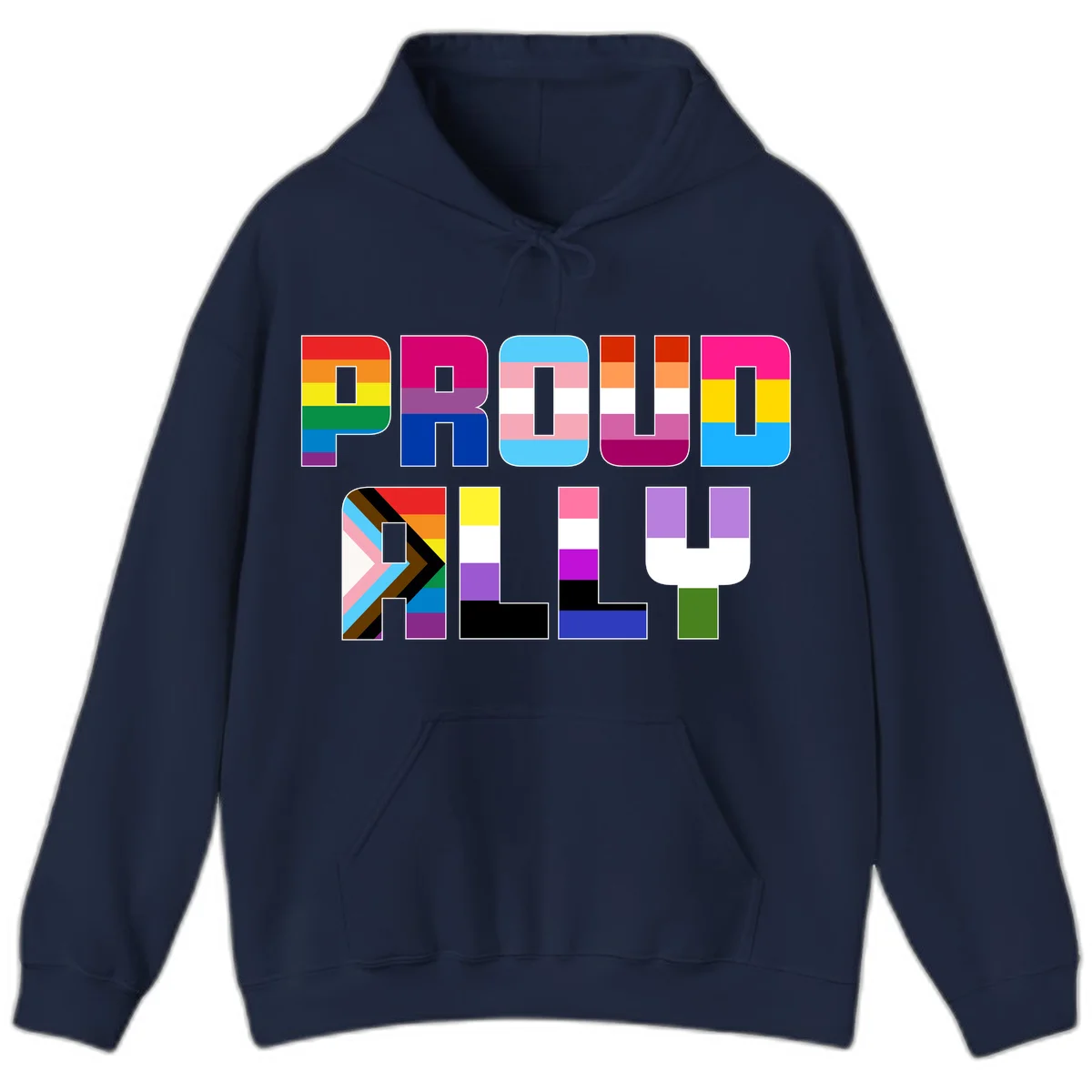 Colorful alphabet letters constructed from pride flags including rainbow, trans, and intersex designs on gray background in Navy