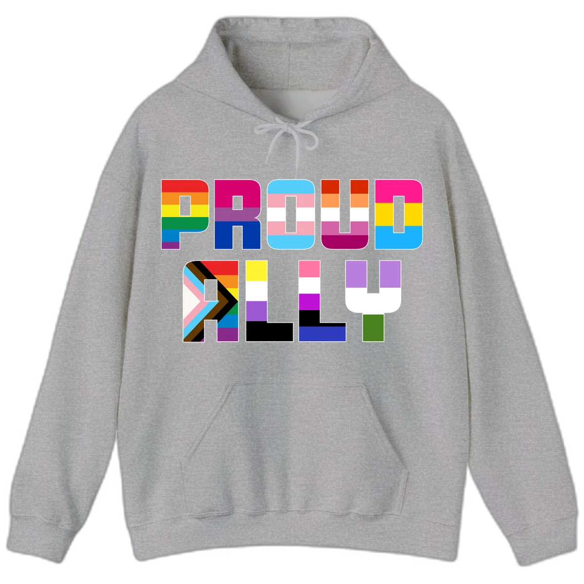 Colorful alphabet letters constructed from pride flags including rainbow, trans, and intersex designs on gray background in Sport Grey