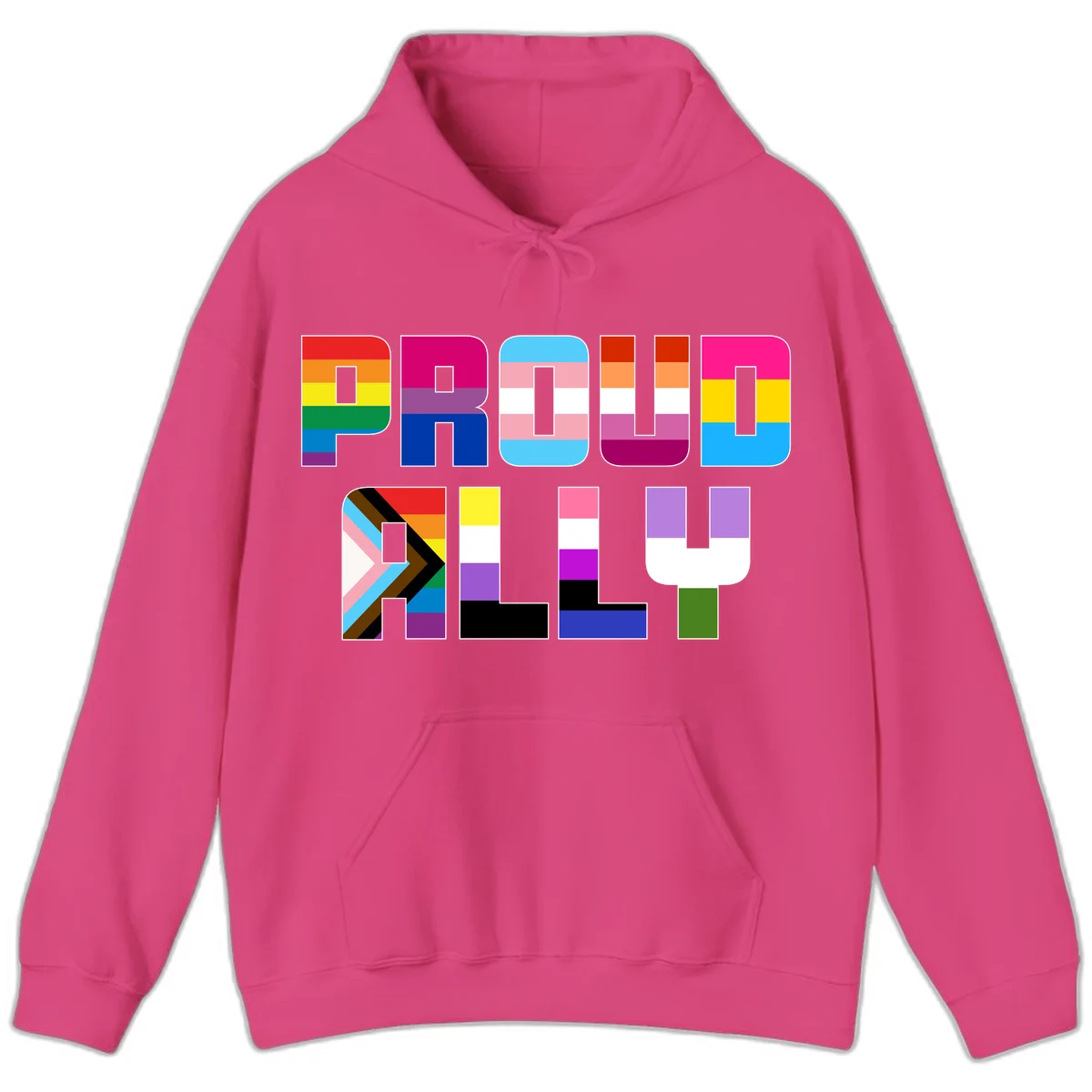 Colorful alphabet letters constructed from pride flags including rainbow, trans, and intersex designs on gray background in Heliconia