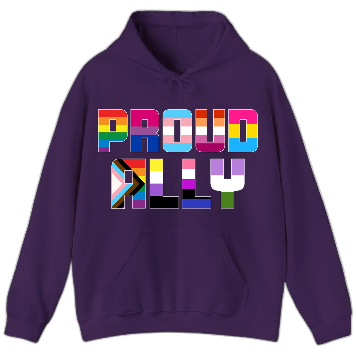 Colorful alphabet letters constructed from pride flags including rainbow, trans, and intersex designs on gray background in Purple